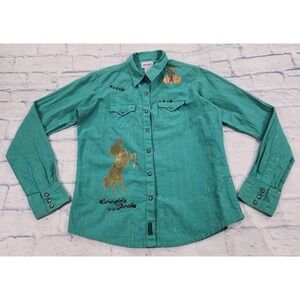 Wrangler Pearl Snap Shirt WOMENS M Rodeo Western Cowgirls Rock Horses Teal Y2K
